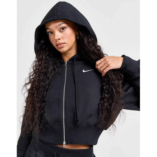 WOMEN'S NIKE SPORTSWEAR PHOENIX FLEECE CROP FULL-ZIP HOODIE - BLACK - HJ0940-010